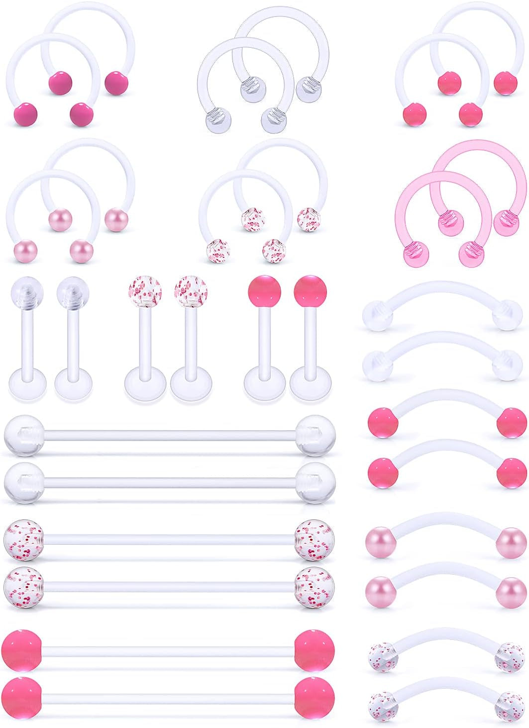 Jenxnjsjo Clear/Pink/Purple Lip Septum Rings Eyebrow Industrial Smiley Piercing Jewelry Plastic Cartilage Helix Tragus Daith Earrings Vertical Labret Medusa Retainers Kits for Surgery Work Sports