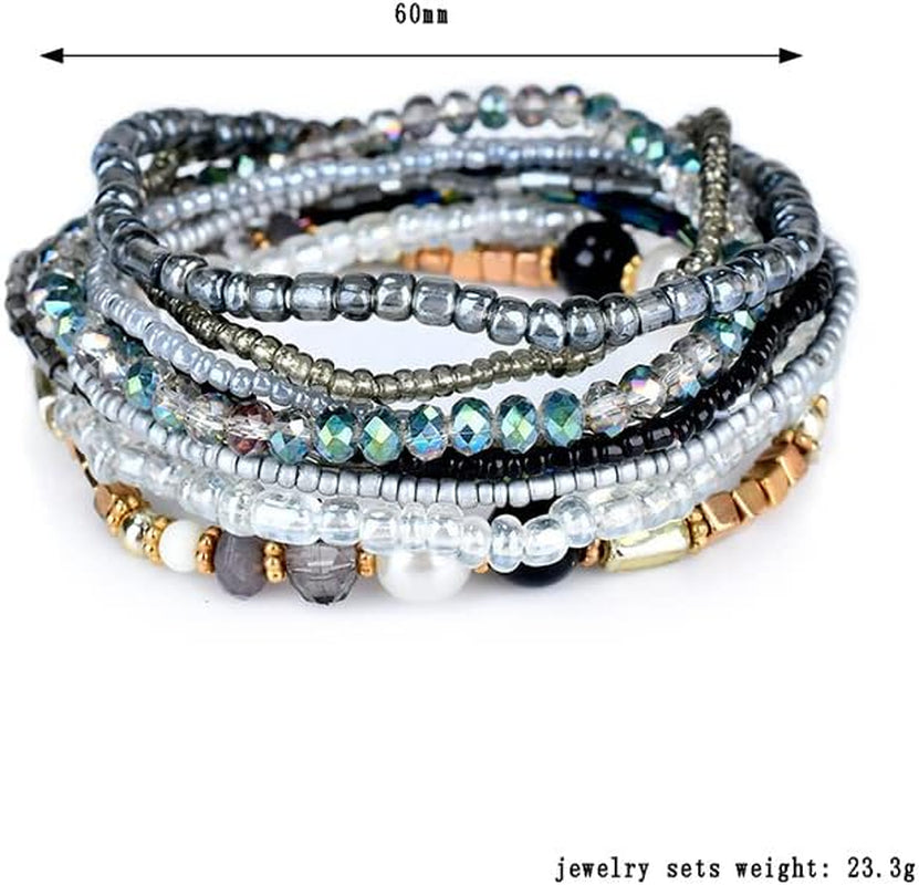 Pingyongchang Bohemian Stackable Bead Bracelets for Women Multilayer Stretch Bangles Bracelet Set Handmade Multicolor Crystal Beaded Bracelets Set Boho Charms Jewelry
