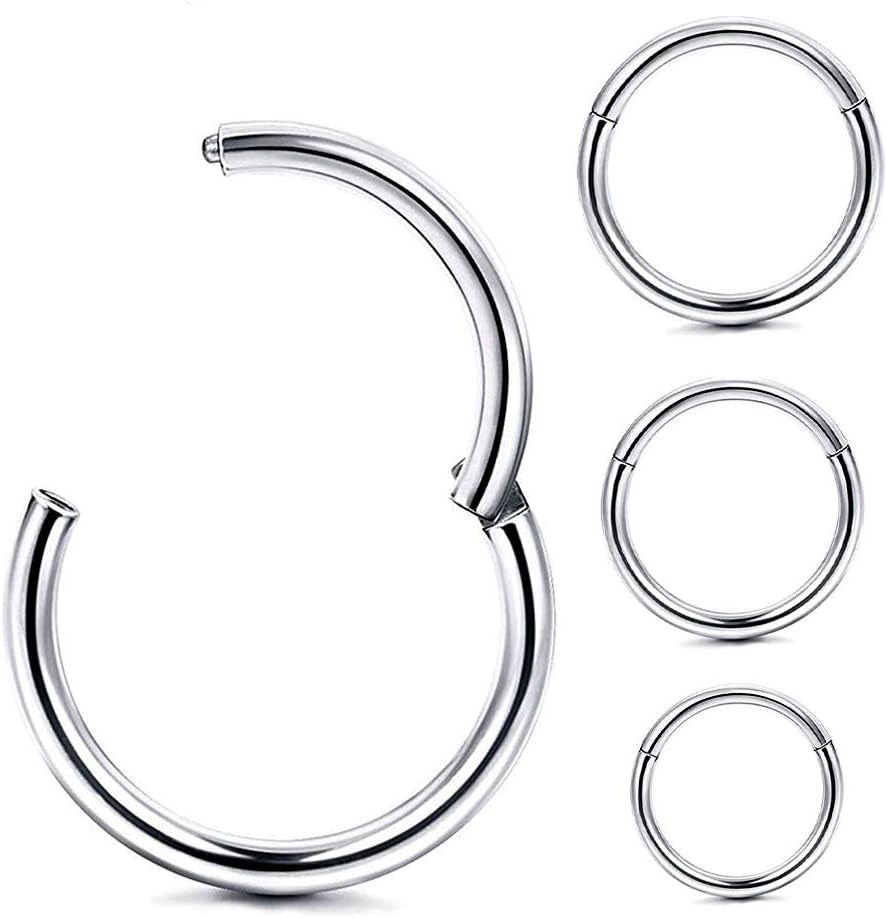 4Pcs 16G 18G 20G Surgical-Steel-Piercing-Ring-Nose-Rings-Hinged-Hoop-Earrings,6Mm 8Mm 10Mm 12Mm Seamless Stainless Steel Clicker Eyebrow Septum Piercing Hoop,Sliver Black Gold Rose Gold Rainbow Body Jewelry Set