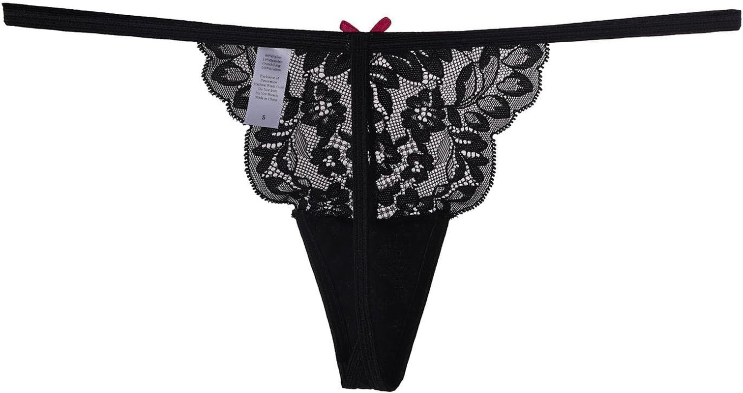 Close-up of delicate lace detail on colorful g-string thong panties