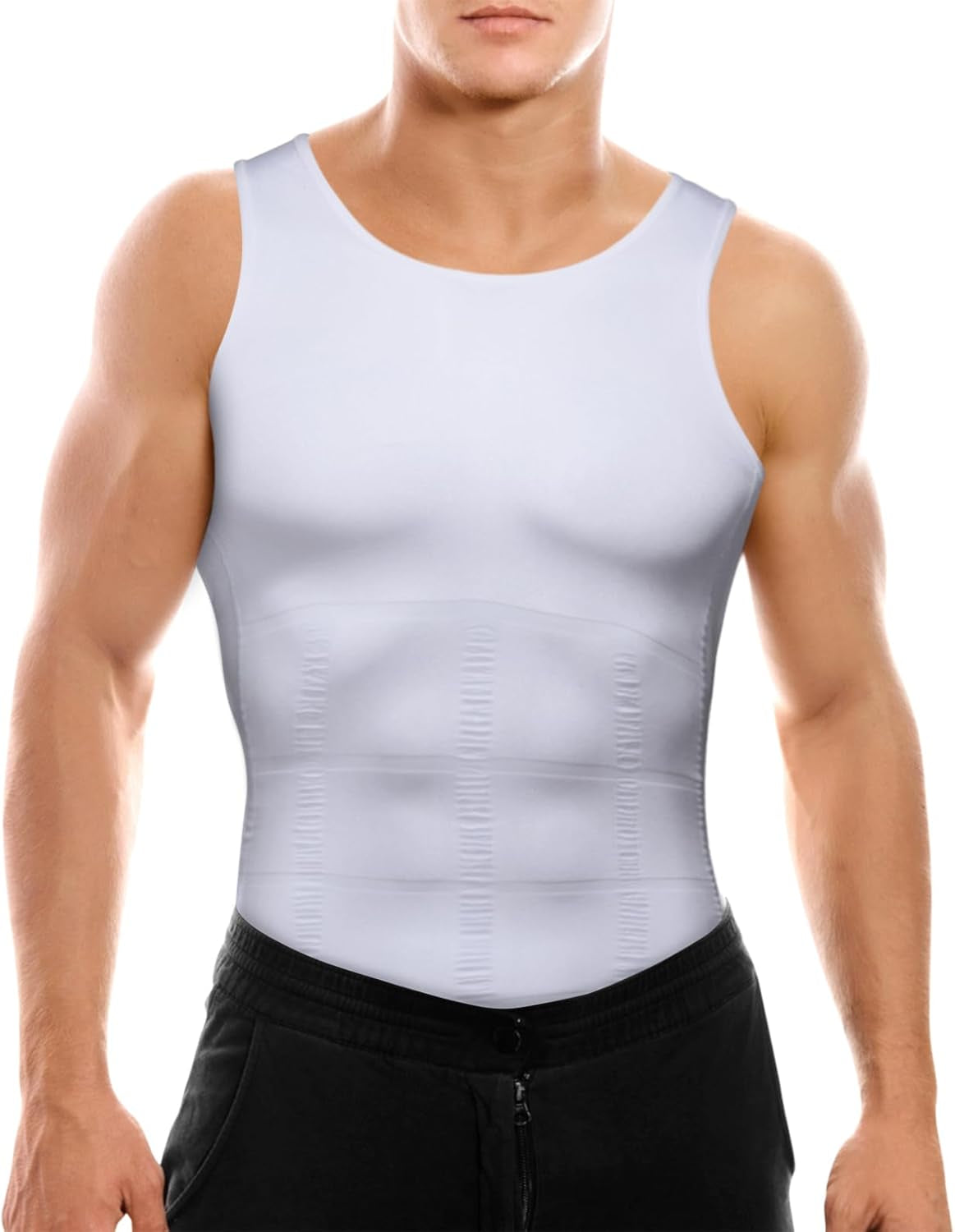 Packaging of men's slimming compression undershirt with product information and benefits