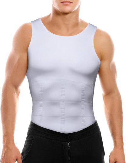 Packaging of men's slimming compression undershirt with product information and benefits