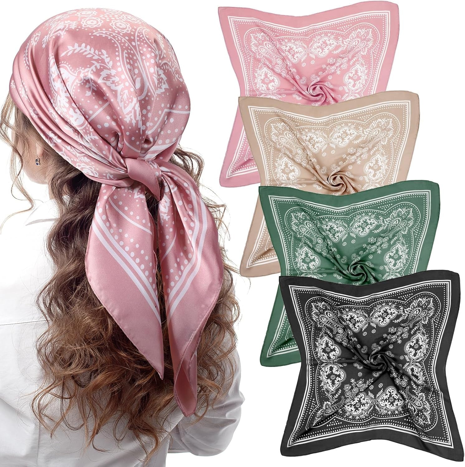 Syhood 4 Pcs 27'' Square Satin Head Scarves Satin Bandanas for Women Halloween Headband Silk Feeling Scarves Boho Headwear