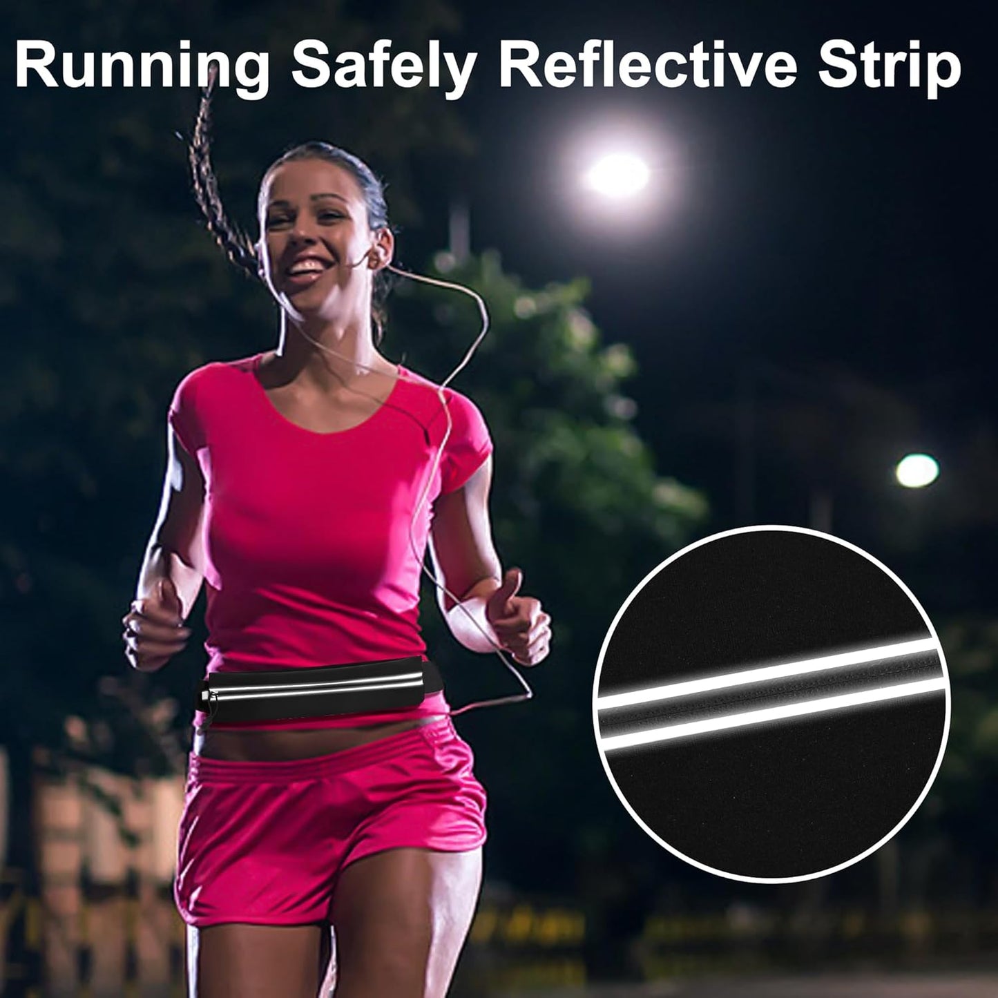Man in reflective running belt demonstrating adjustable strap fit