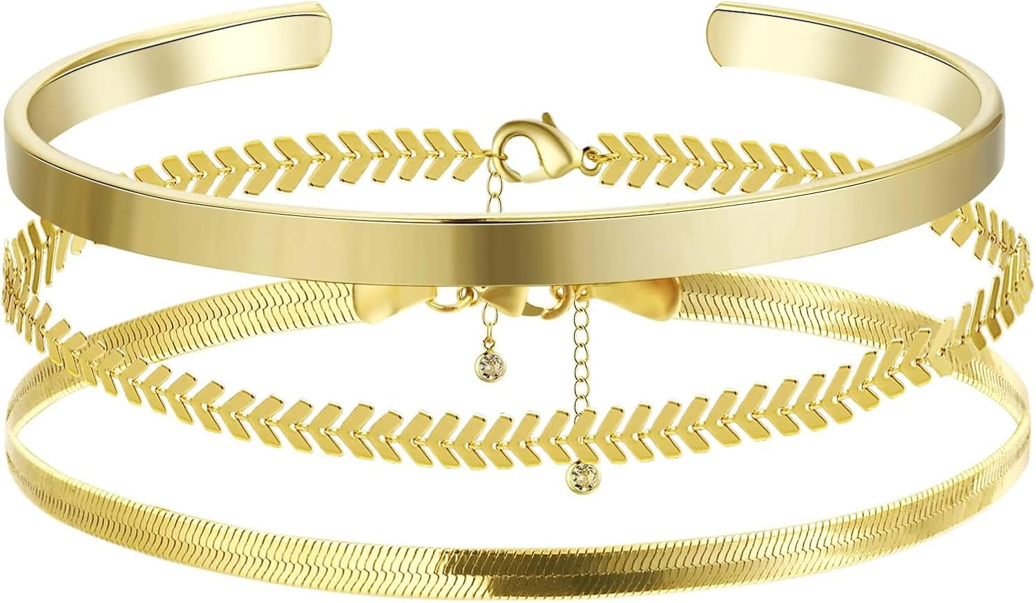 Gold bracelets stack showing variety of chain styles