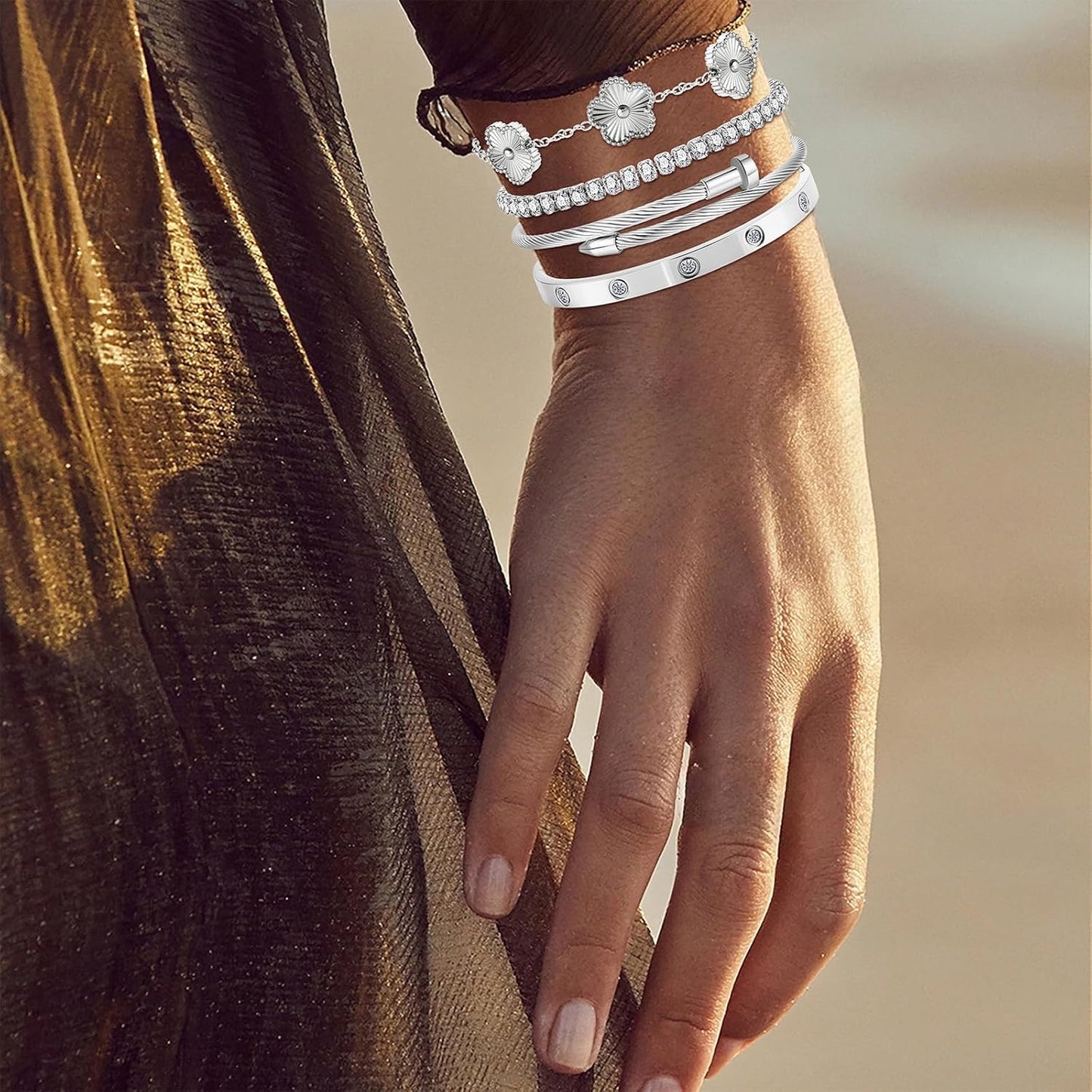 Gold Bracelets for Women-4Pcs 18K Gold Plated Love Bangle Tennis Clover Nail Bracelets Stack Set for Women Trendy Non Tarnish Stainless Steel Gold Bangles Accessories Designer Jewelry