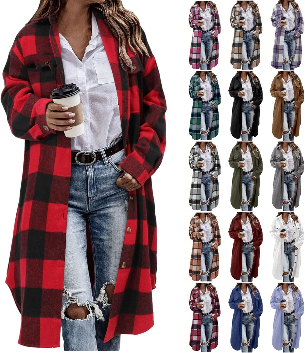 Flannel Shirt Women Plaid Jacket Womens Shacket Casual Lapel Button down Long Sleeve Trench Coat Warm Winter Jackets