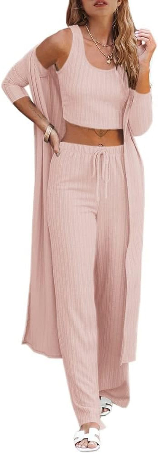 Fessceruna Womens 3 Piece Lounge Sets Pajamas Knit Long Sleeve Cardigan Crop Top Wide Leg Pants Loungewear Set