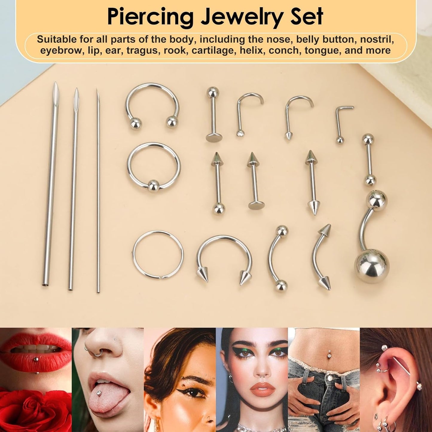 104PCS Body Septum Piercing Kit with 14G/16G/20G Piercing Needles Piercing Jewelry and Tool Set for Ear Nose Belly Button Nipple Lip Cartilage Eyebrow Tongue Navel Piercing Kit for All Piercings