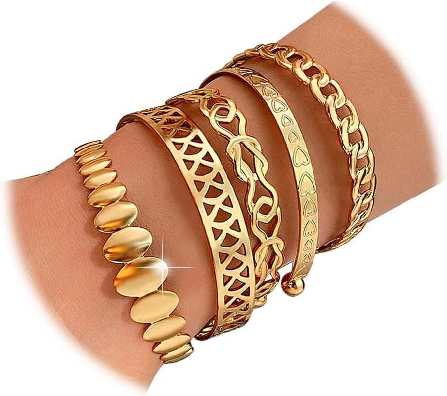 KISS WIFE Golden Bangles for Women, Adjustable Bangle Bracelets, Multi Layer Open Stackable Cuff Bracelet Set, Fashion Accessories Jewelry Gifts for Women