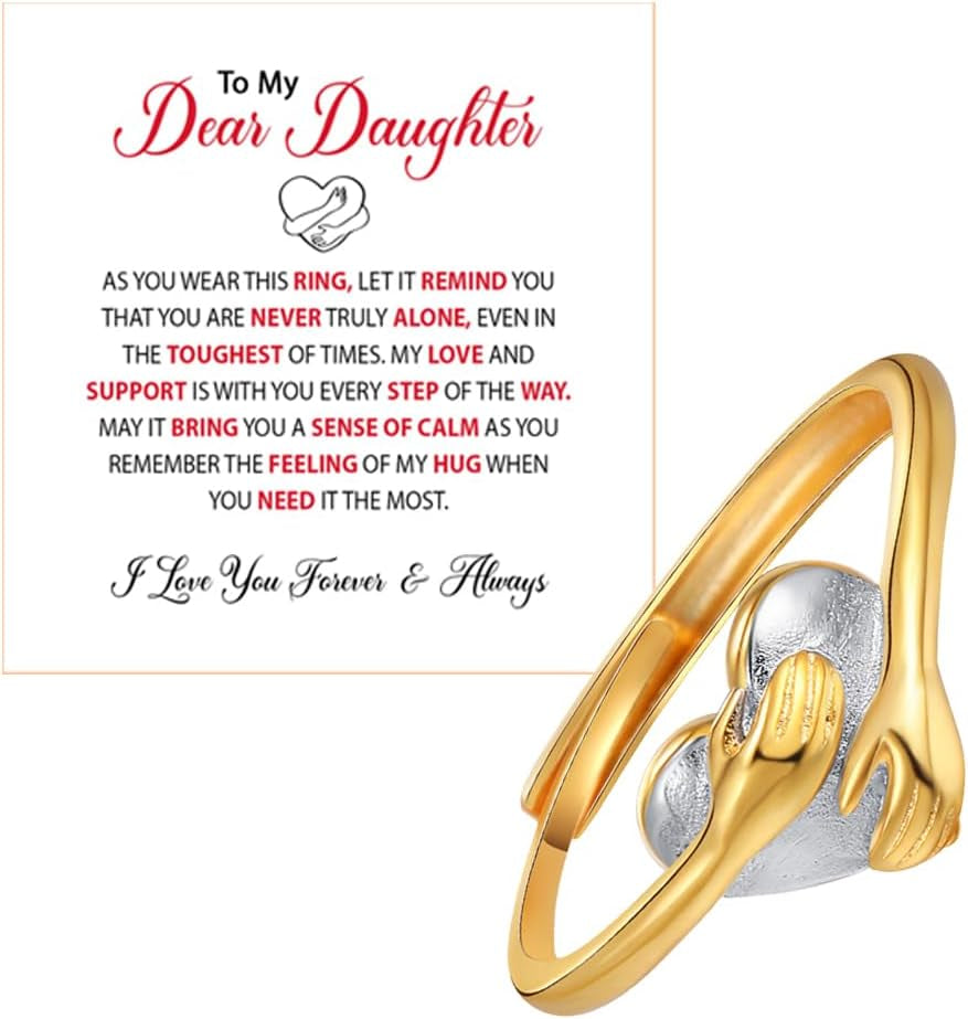 To My Daughter Hug Hope Rings, I Love You Foreve Motivational Stainless Steel Spiral Wrap Twist Open Adjustable Healing Ring Inspirational Gift Jewelry