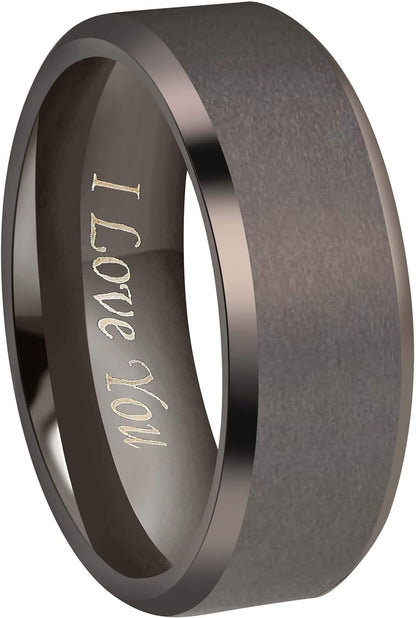 Crownal 4Mm 6Mm 8Mm Black/Silver/Gunmetal/Gold Tungsten Wedding Couple Bands Rings Men Women Matte Brushed Finish Center Engraved "I Love You" Size 4 to 17