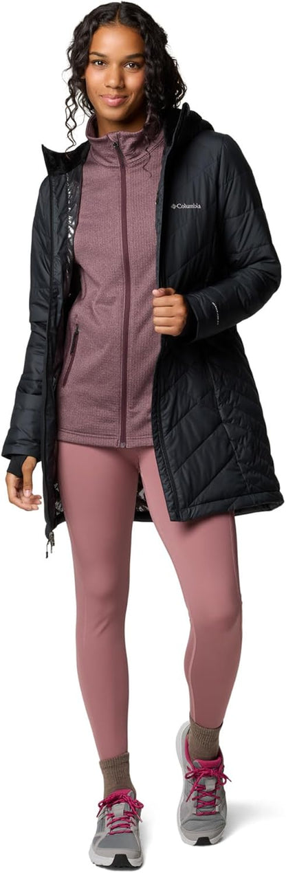 Close-up of Columbia logo on women's winter jacket