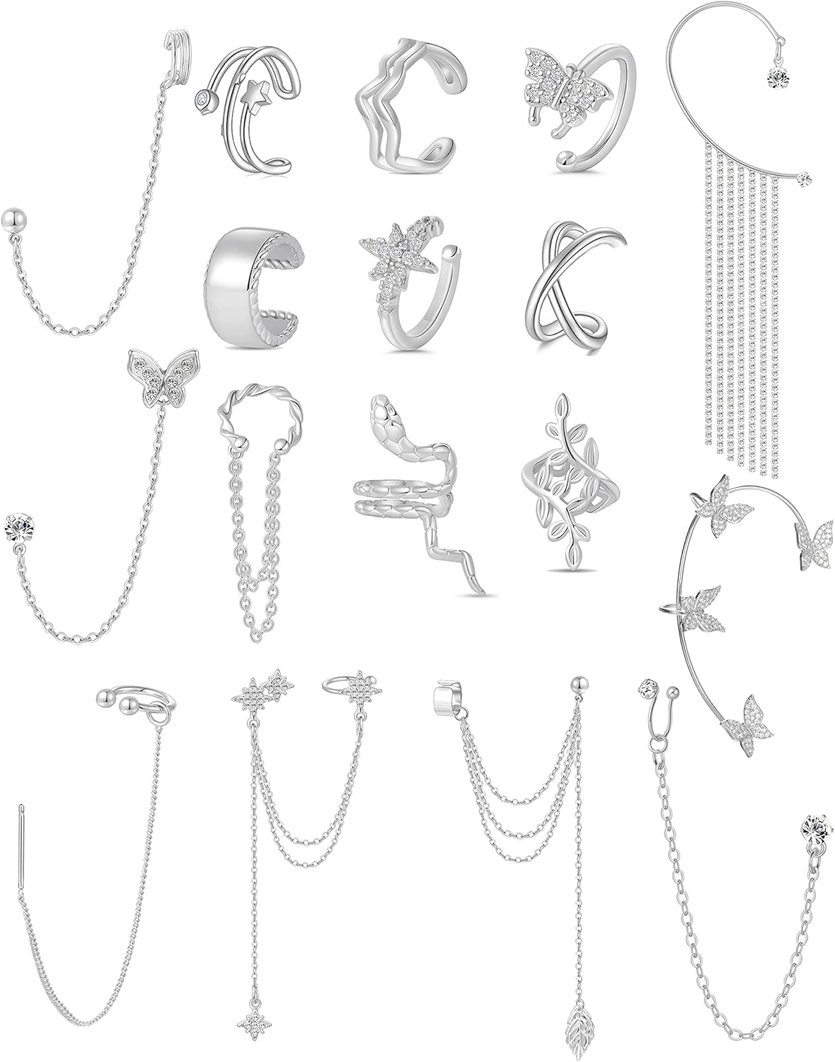 Tornito 17Pcs Ear Cuffs Chain Earrings Snake Butterfly Leaf Non Piercing Clip on Earring Fake Helix Cartilage Earrings Ear Clip Jewelry Silver Gold Tone