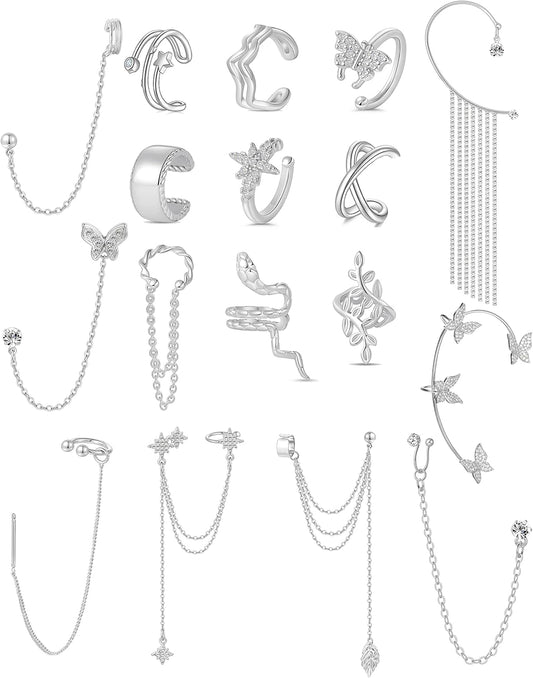 Tornito 17Pcs Ear Cuffs Chain Earrings Snake Butterfly Leaf Non Piercing Clip on Earring Fake Helix Cartilage Earrings Ear Clip Jewelry Silver Gold Tone