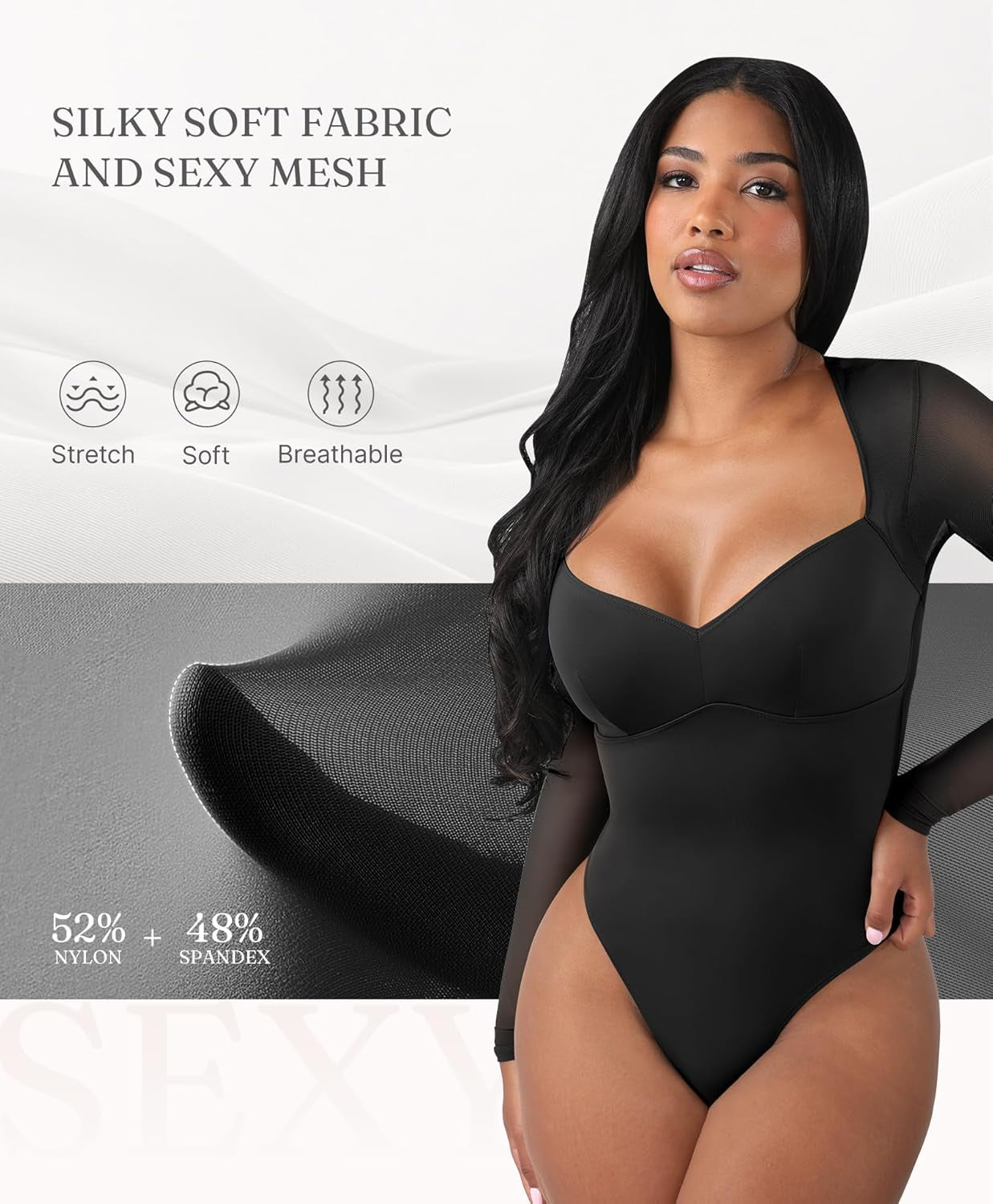 Seductive V-neck bodysuit with light compression panels