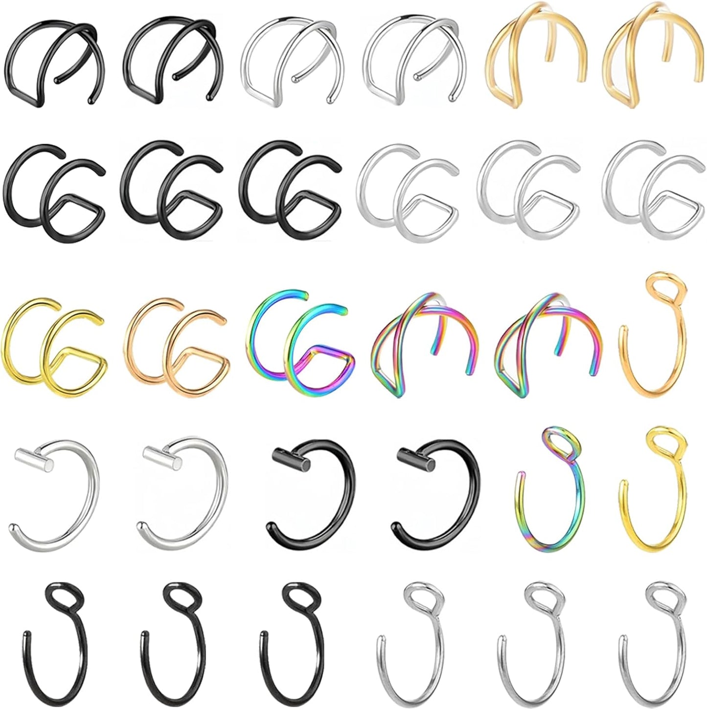 30PCS Non Piercing Lip Ring, Fake Nose Ring Clip On, Stainless Steel Faux Lip Ring Jewelry for Women, Men