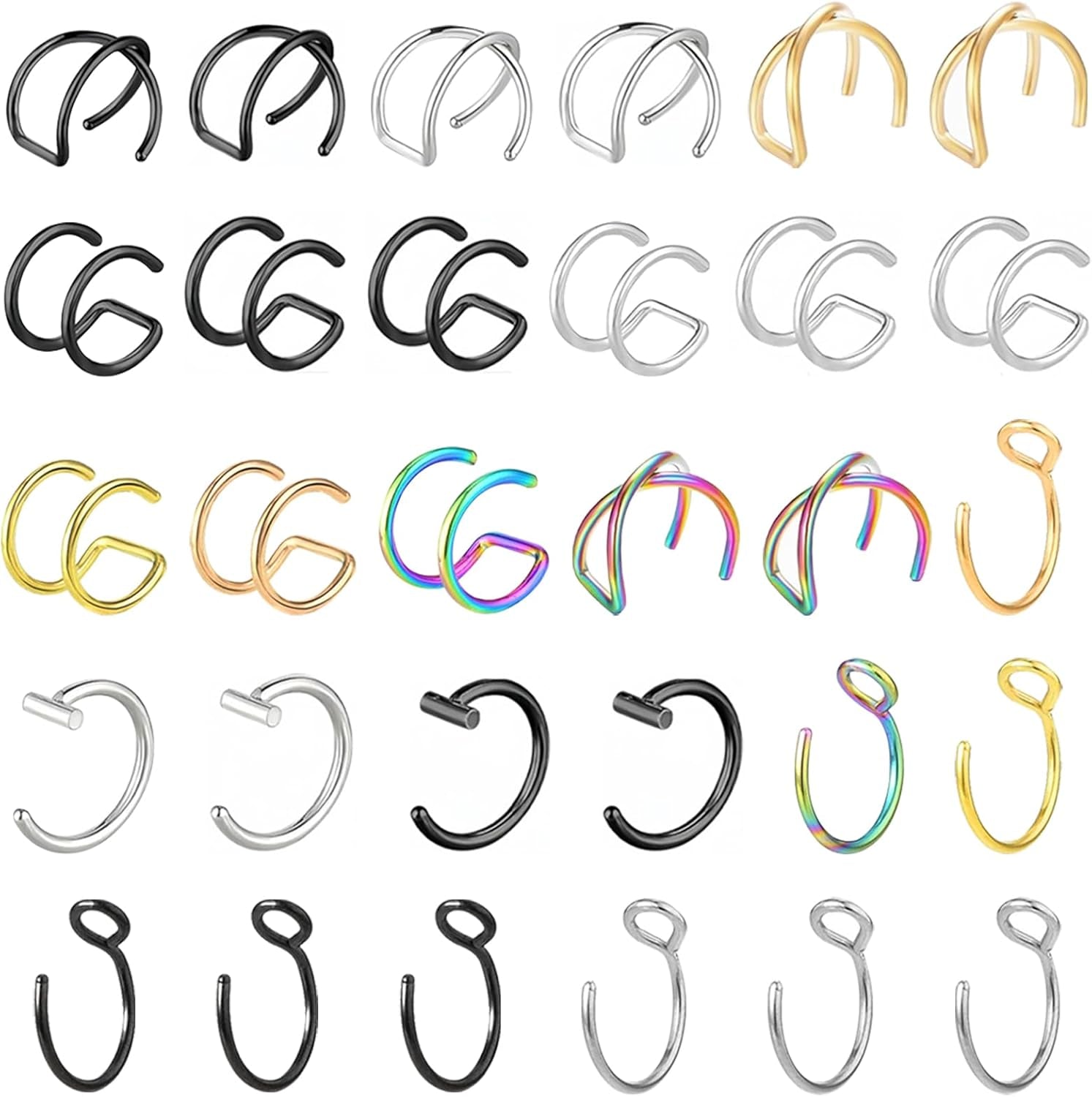 30PCS Non Piercing Lip Ring, Fake Nose Ring Clip On, Stainless Steel Faux Lip Ring Jewelry for Women, Men