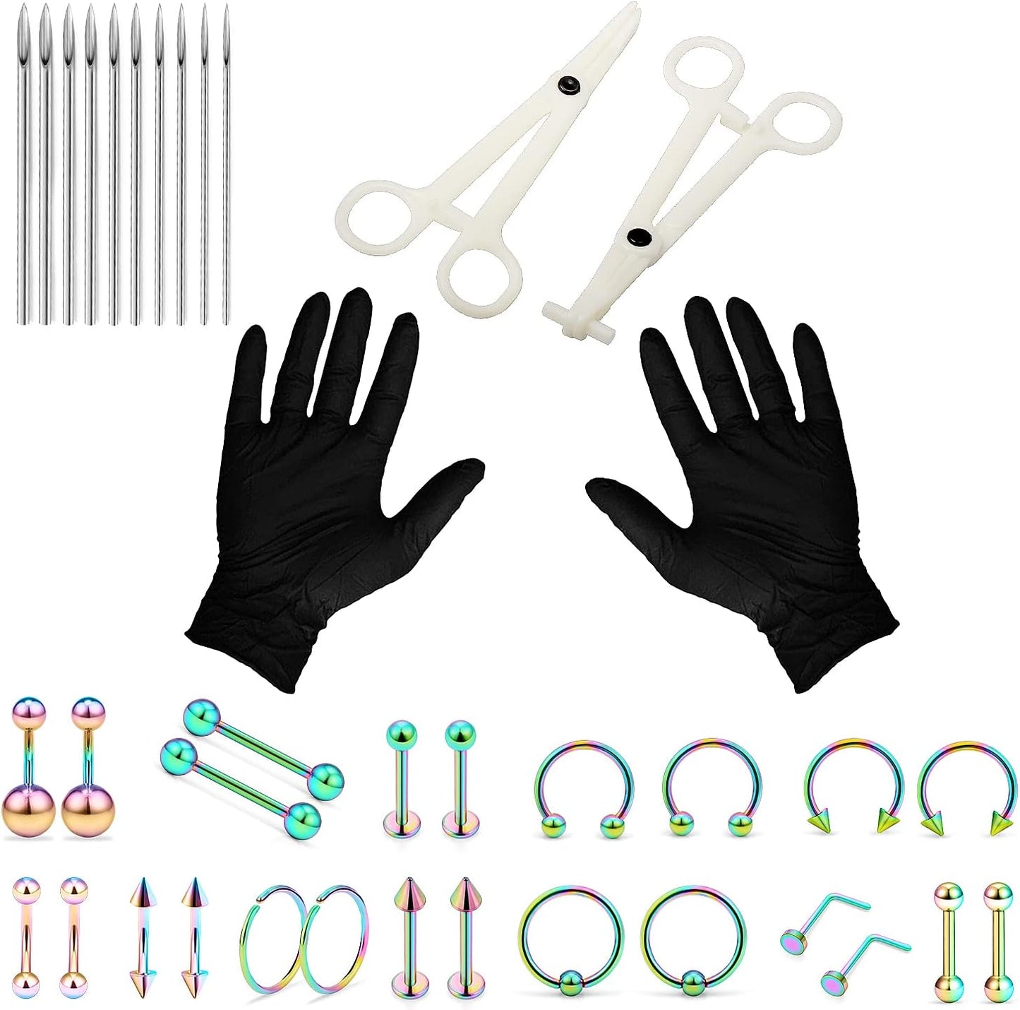 Vsnnsns Piercing Kit 316L Surgical Steel Body Jewelry Piercing Kit with 12G 14G 16G 18G 20G Piercing Needles Use for Nose Septum Lip Tongue Belly Eyebrow Rings Ear Piercing Kit Silver Black Rainbow
