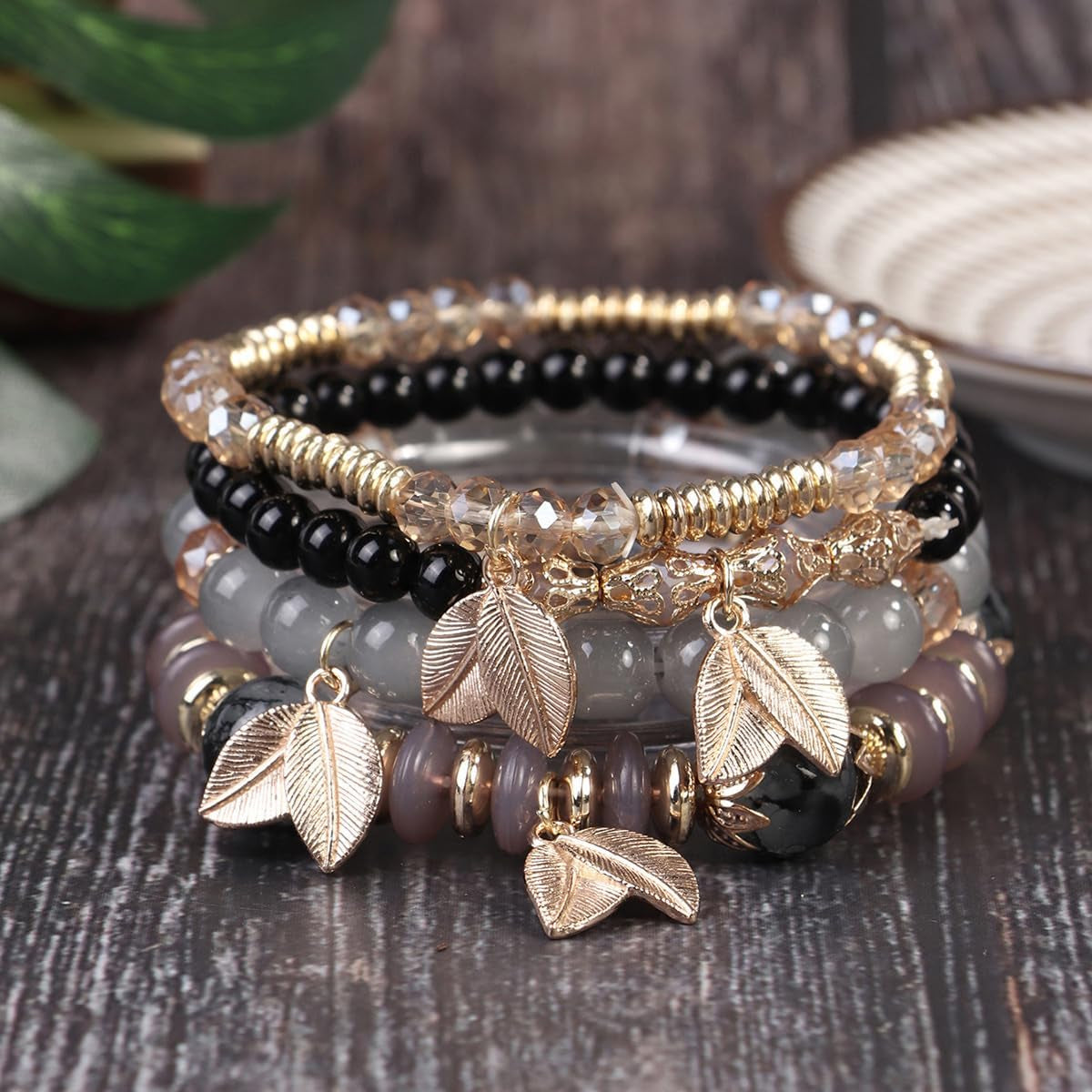 4 Sets Bohemian Stackable Bead Bracelets, Stretch Bangle Charm Jewelry 1