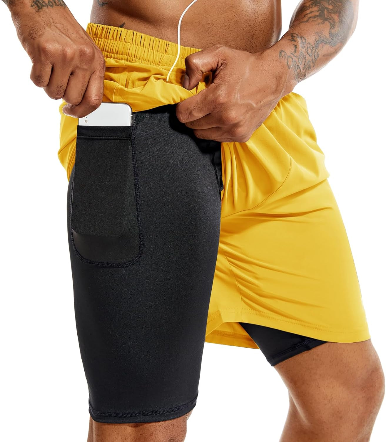 TENJOY Men'S 2 in 1 Running Shorts 5 in or 7 in Quick Dry Gym Athletic Workout Shorts for Men with Phone Pockets