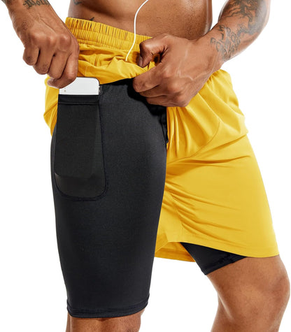TENJOY Men'S 2 in 1 Running Shorts 5 in or 7 in Quick Dry Gym Athletic Workout Shorts for Men with Phone Pockets