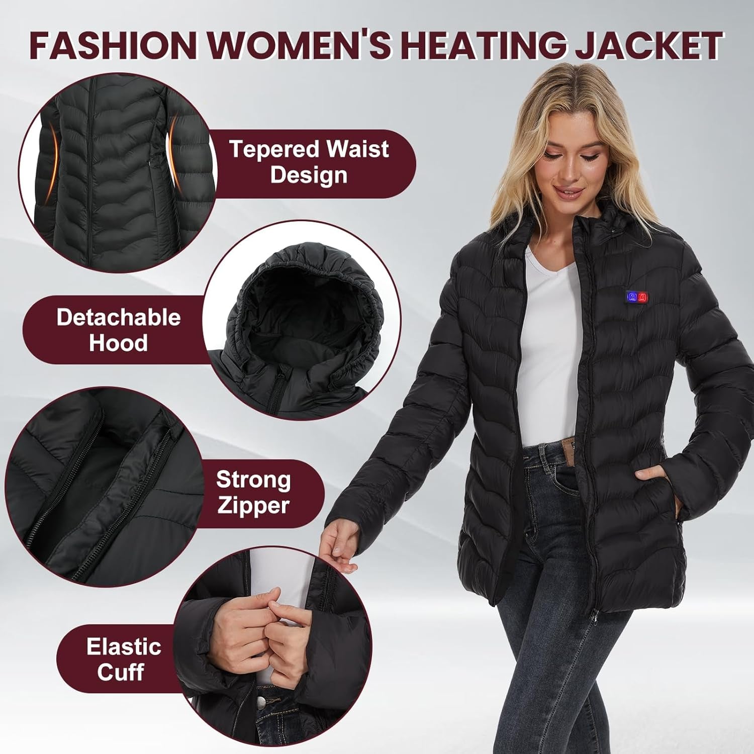 Women's heated jacket with removable battery pack shown