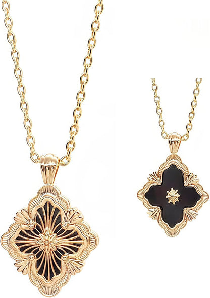 Gold Clover Necklace for Women, Double-Sided Pendant by 18K Gold-Plated Inlaid Natural Stone Pendant Necklace,Turquoise/Malachite/Black Onyx Stone/White Mother of Pearl ,Jewelry Gift for Women