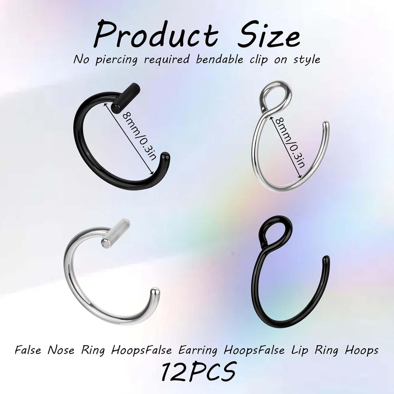 Fake Lip Ring, 12 Pcs Stainless Steel Fake Lip Piercing 8Mm Faux Nose Rings Clip on Nose Ring Ear Cuffs Non Piercing Jewelry for Women Men (Silver, Black)