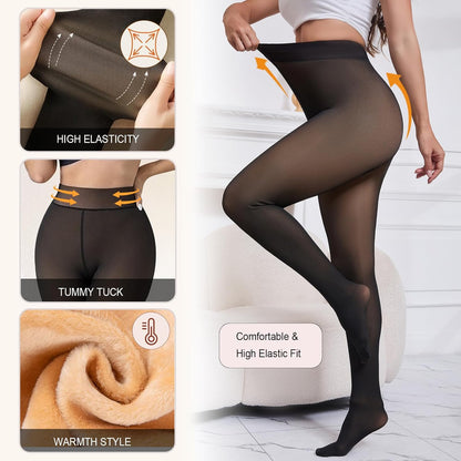 Translucent fleece lined pantyhose demonstrating fake transparent effect