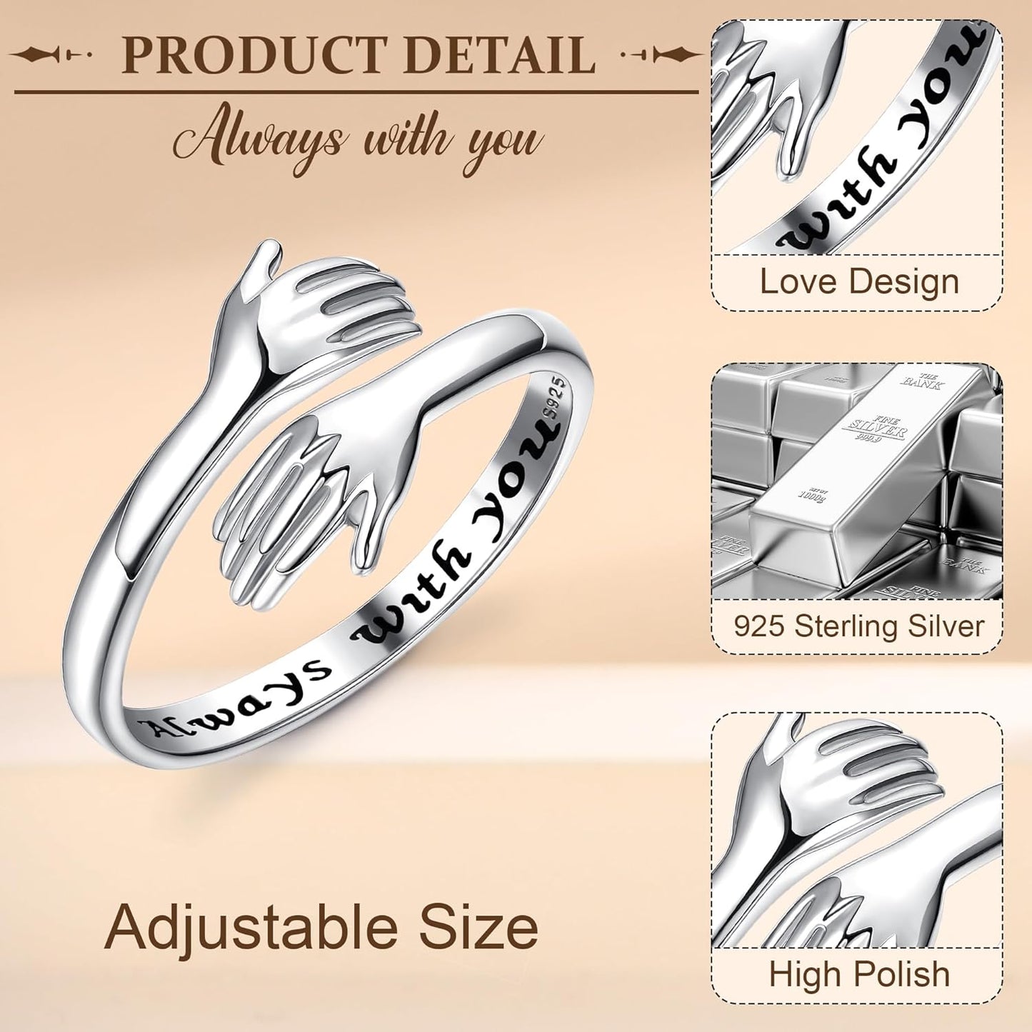 YADOCA 925 Sterling Silver Hug Ring for Women Men Adjustable Hugging Hands Open Love Promise Friendship Wedding Ring