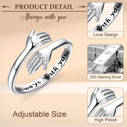 YADOCA 925 Sterling Silver Hug Ring for Women Men Adjustable Hugging Hands Open Love Promise Friendship Wedding Ring