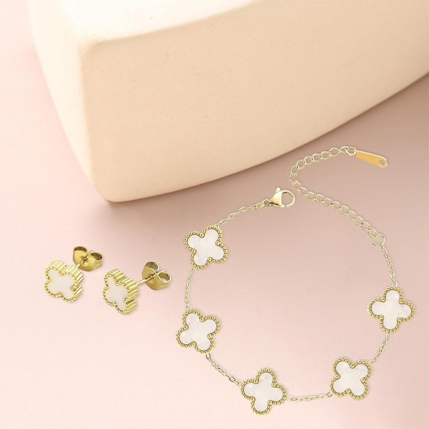 White Clover Jewelry Set for Women 18K Gold Plated Lucky Four Leaf Clover Necklace, Floral Link Chain Bracelet Elegant Earrings Romantic Charm Gift Set for Mom, Wife, Daughter, Girlfriend, Her
