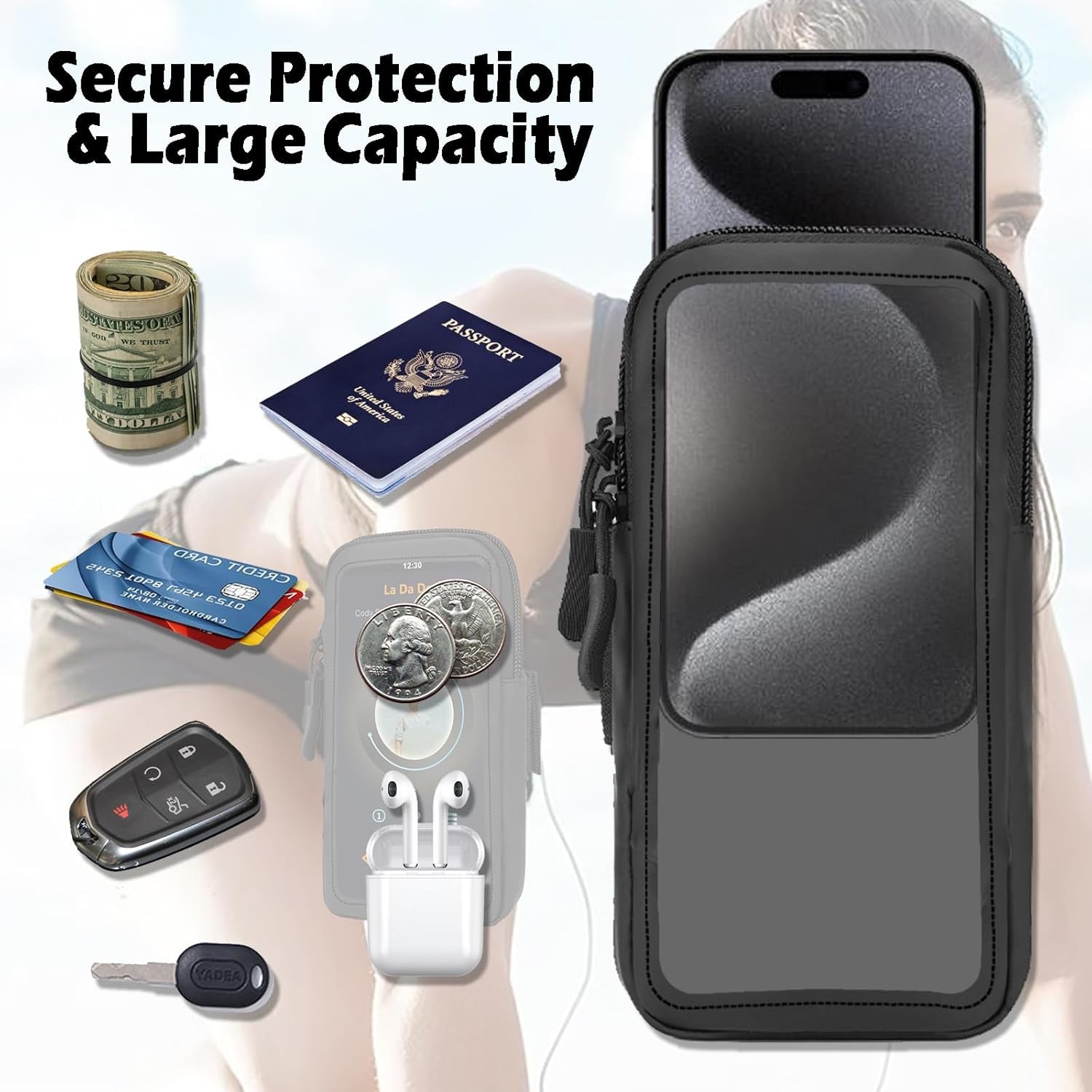 iPhone and smartphone holder armband in black elastic material