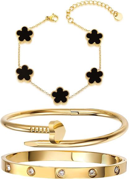 18K Gold Plated Stainless Steel Love Nail Bangle Clover Bracelet Set Stackable Dupes for Love Trendy Jewelry