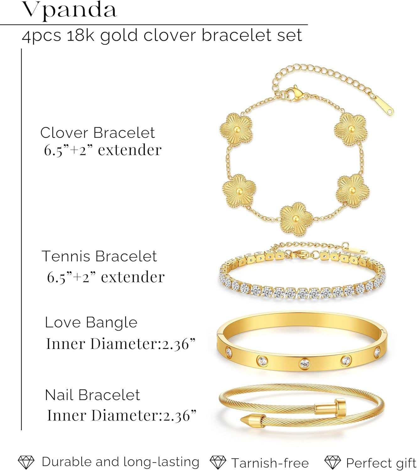 Gold Tone Clover Bracelets Set Love Bangles Bracelets for Women Non Tarnish, Stacking Bracelets Trendy Jewelry Gift for Women