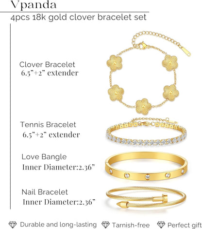 Gold Tone Clover Bracelets Set Love Bangles Bracelets for Women Non Tarnish, Stacking Bracelets Trendy Jewelry Gift for Women