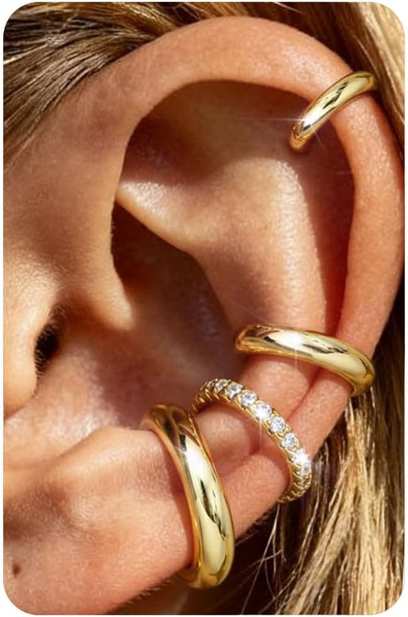𝟒𝐏𝐚𝐢𝐫𝐬 14K Gold Plated Ear Cuff Earrings for Women Non Piercing - Hypoallergenic Ear Cuffs 14K Silver/Gold Plated Non Tarnish Clip on Cartilage Earrings Fake Earring Set Trendy Jewelry