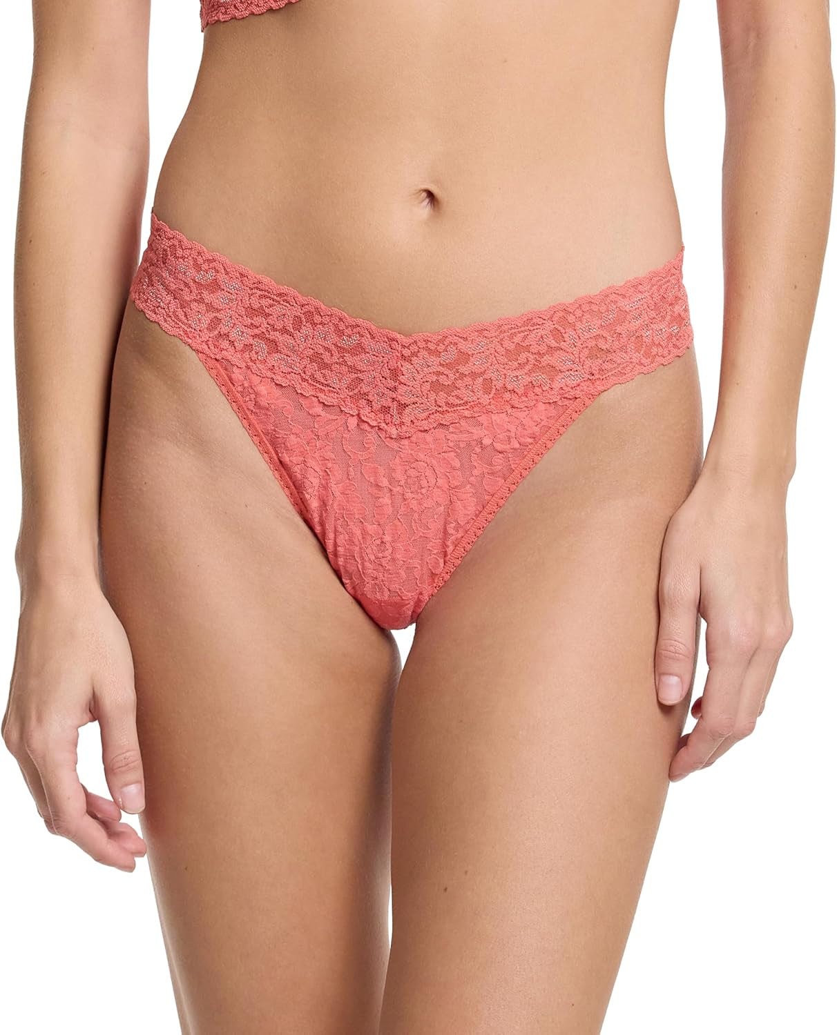 Five pack assorted colors Hanky Panky lace thongs displayed