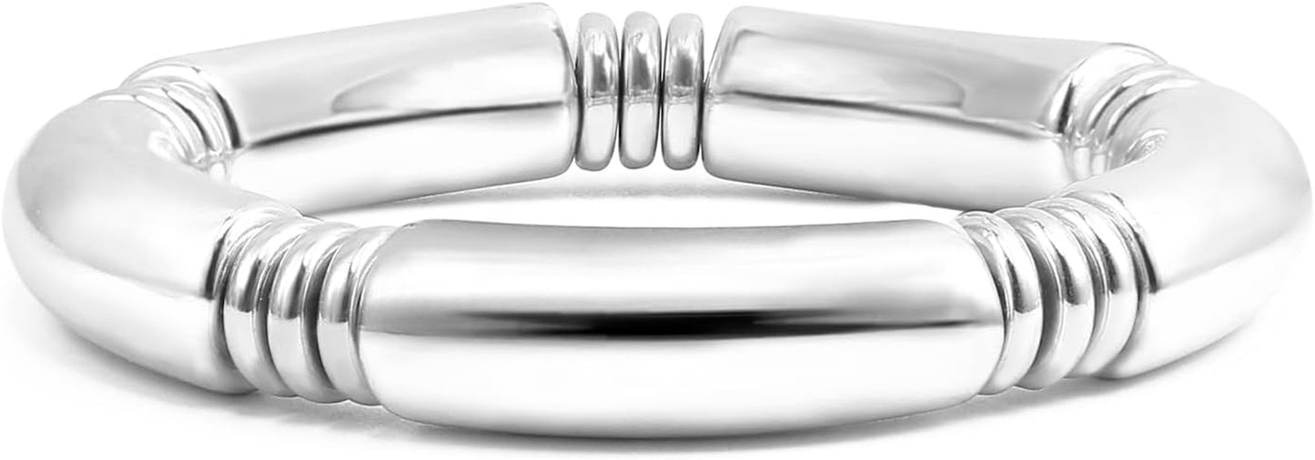 Gold Chunky Bangles Bracelets for Women 14K Gold Plated Stack Layered Curved Bamboo Tube Stretch Bracelets Gift Jewelry