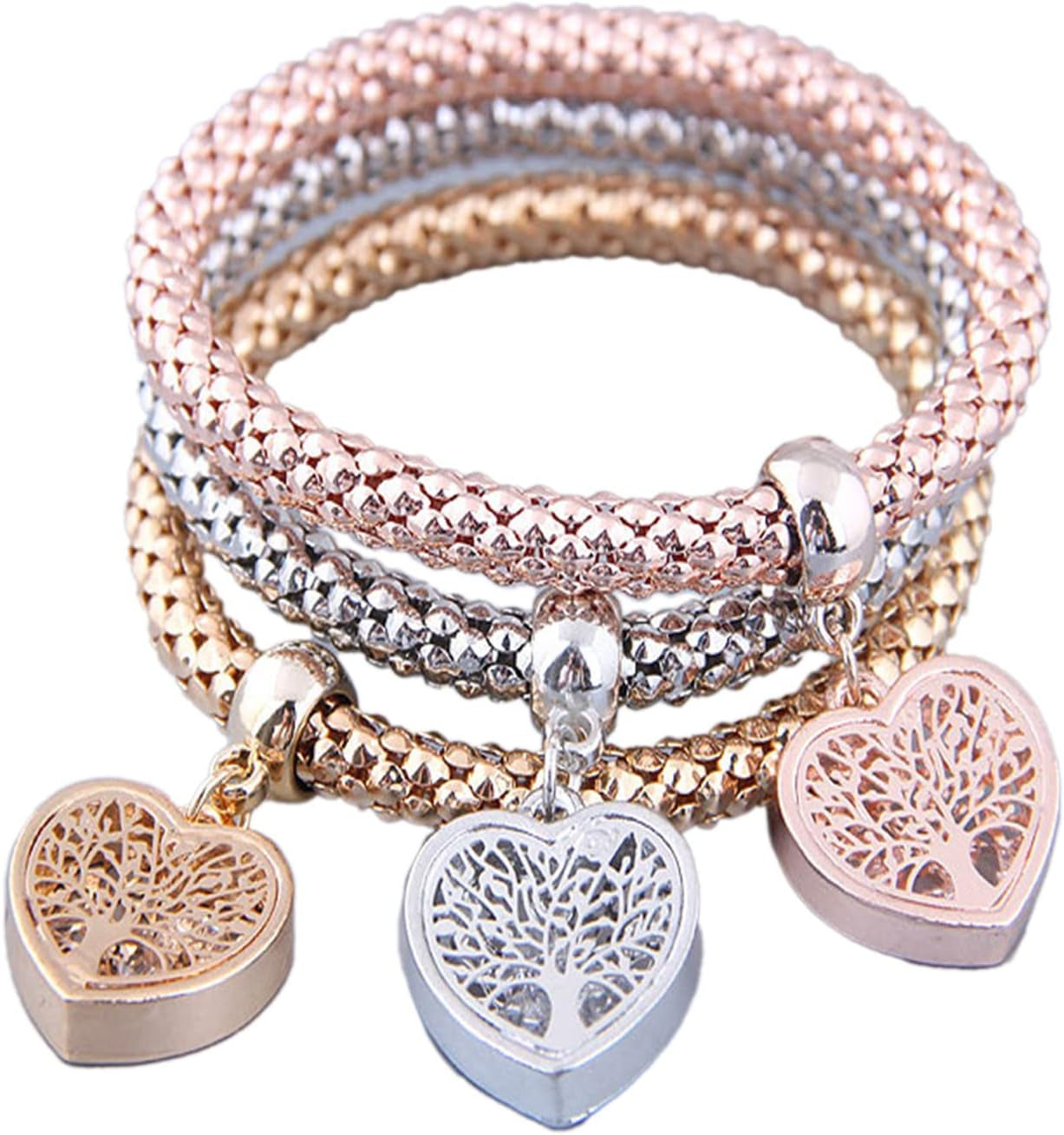 3Pcs Multilayer Crystal Rhinestone Bead Corn Chain Love Heart Tree of Life Bracelet Bangle Set for Women Stretchy Butterfly Animal Bracelet Friendship Jewelry Birthday Gift