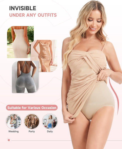 Women wearing black high waisted shapewear with fitted outfit