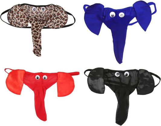 CCBFY men's 4-pack G-string thongs displayed in black blue red and leopard colors