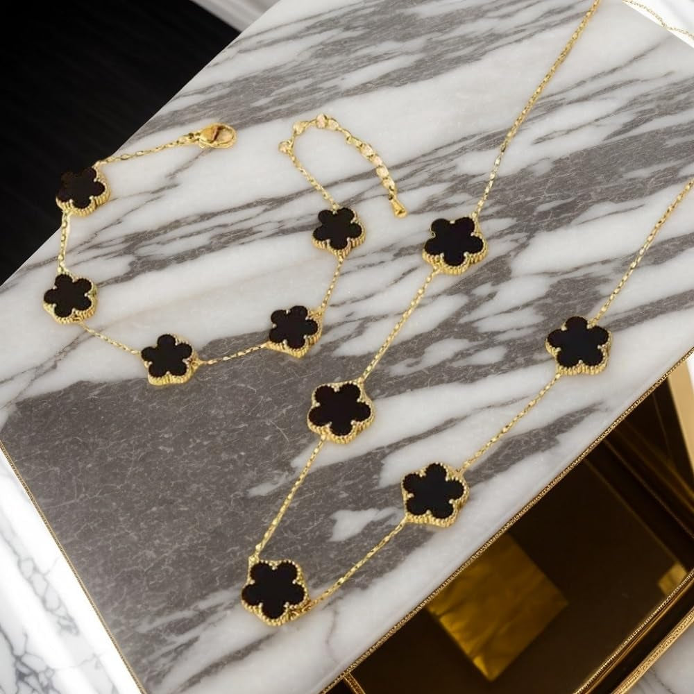 Clover Necklace and Bracelet Set for Women, 14K Gold Plated Green Clover Flower Pendant Chain, Adjustable Length, Elegant and Dainty, Perfect for Gifts, Parties, Dating, or Daily Wear.