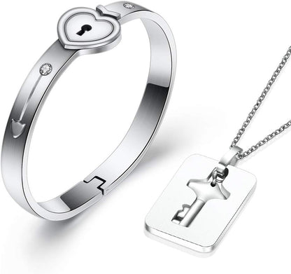 Love heart key lock bangle bracelet couple matching set