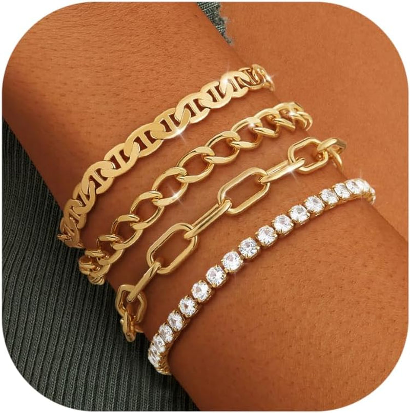 KOHOTA Chunky Gold Bracelets for Women Non Tarnish 14K Gold Plated Cuff Bracelet Stack Trendy Love Bangle Bracelets Stackable Tennis Bracelet Set Tie Knot Cuban Paperclip Figaro Chain Jewelry Gifts