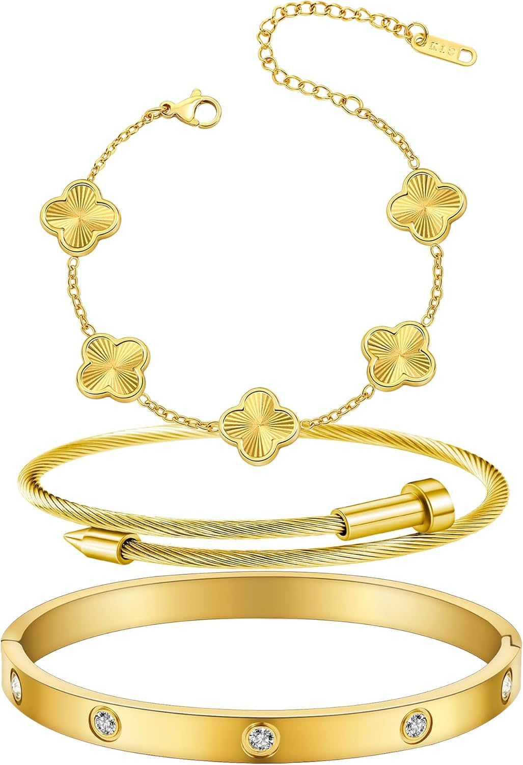 Womens Bracelet 18K Gold Plated Cuff Bangle Clover Bracelet Set for Women Four Leaf Lucky Bangle Jewelry Gift of Love