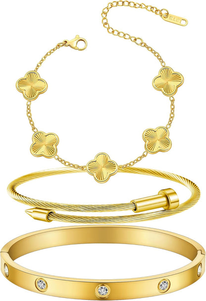 Womens Bracelet 18K Gold Plated Cuff Bangle Clover Bracelet Set for Women Four Leaf Lucky Bangle Jewelry Gift of Love