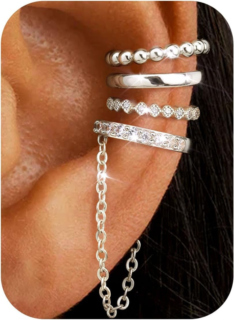 Florideco 4Pcs Ear Cuffs Non-Piercing for Women Dainty 14K Gold Plated Clip on Cartilage Earrings Hypoallergenic Huggie Hoop Cuffs Fake Earings for Non Pierced Ears