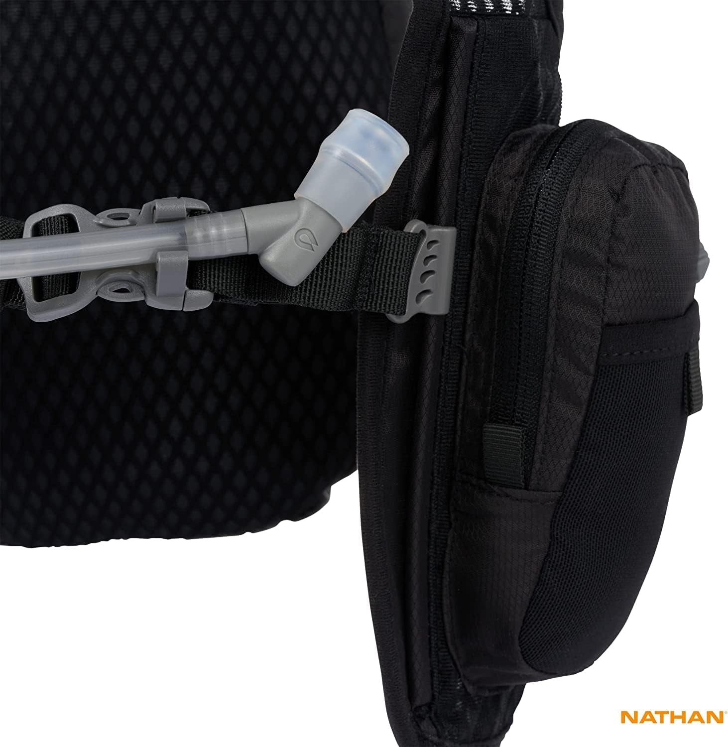 Close-up of 2 liter water bladder integrated in Nathan hydration vest